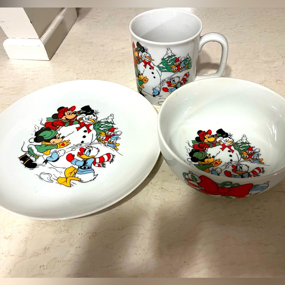 Vintage Disney Christmas Mug, Plate, and Bowl Set